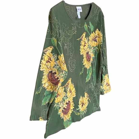 NEW Liberty Lane Sunflower Bird Top Large Green Beaded Fall Cottagecore - Picture 4 of 10